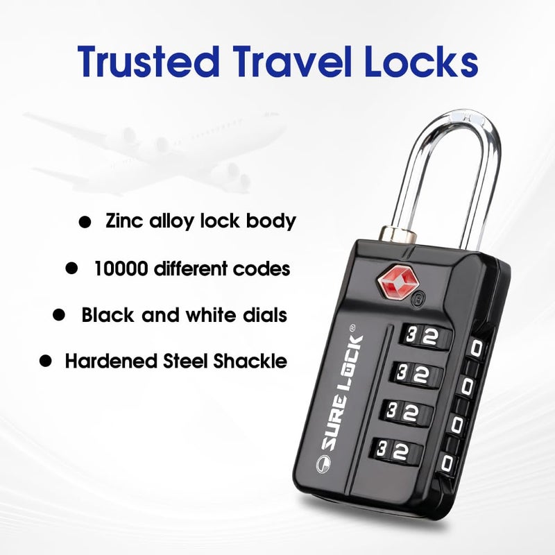 SURE LOCK TSA Approved 4-Digit Resettable Combination Luggage Lock with Open Alert, Easy-Read Dials - for Luggage, School Lockers, Gym, Office, Toolbox & Security Cases (Black 1 Pack) - Image 5
